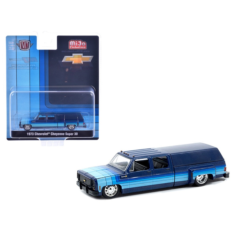 1973 Chevrolet Cheyenne Super 30 Pickup Truck with Camper Shell Blue with Stripes Limited Edition to 8500 pieces Worldwide 1/64 Diecast Model Car by M2 Machines