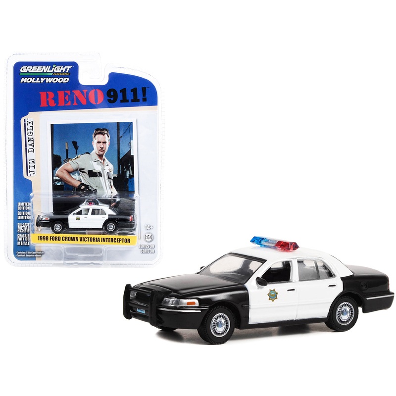 1998 Ford Crown Victoria Police Interceptor Black and White Reno Sheriff’s Department “Lieutenant Jim Dangle” “Reno 911!” (2003-2009) TV Series “Hollywood Series” Release 38 1/64 Diecast Model Car by Greenlight