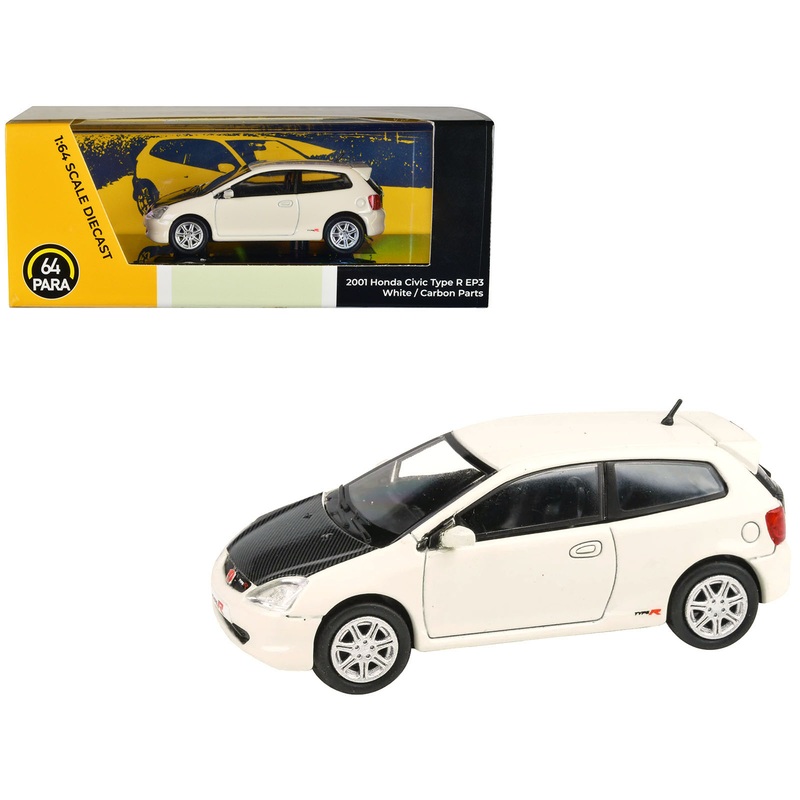 2001 Honda Civic Type R EP3 White with Carbon Hood 1/64 Diecast Model Car by Paragon Models