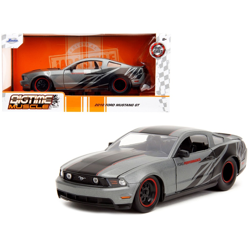 2010 Ford Mustang GT Matt Gray Metallic with Black Graphics and Stripes “Ford Performance” “Bigtime Muscle” Series 1/24 Diecast Model Car by Jada