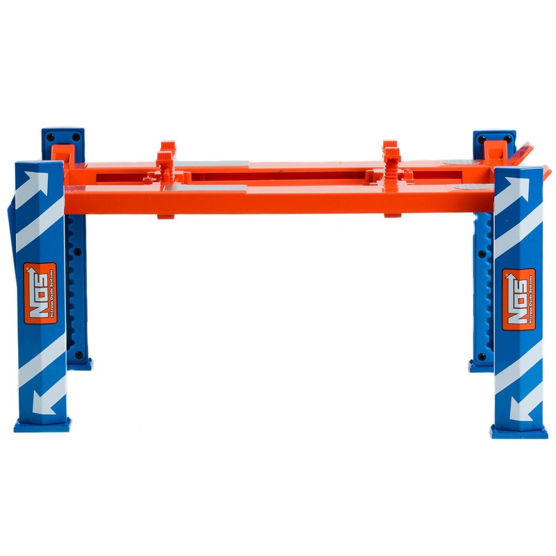 Adjustable Four Post Lift “NOS Nitrous Oxide Systems” Blue and Orange for 1/18 Scale Model Cars by Greenlight