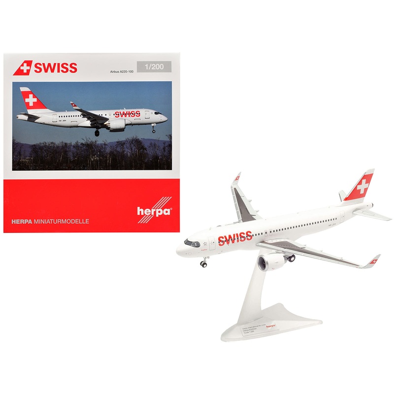 Airbus A220-100 Commercial Aircraft “Swiss International Air Lines” (HB-JBH) White with Red Tail 1/200 Diecast Model Airplane by Herpa