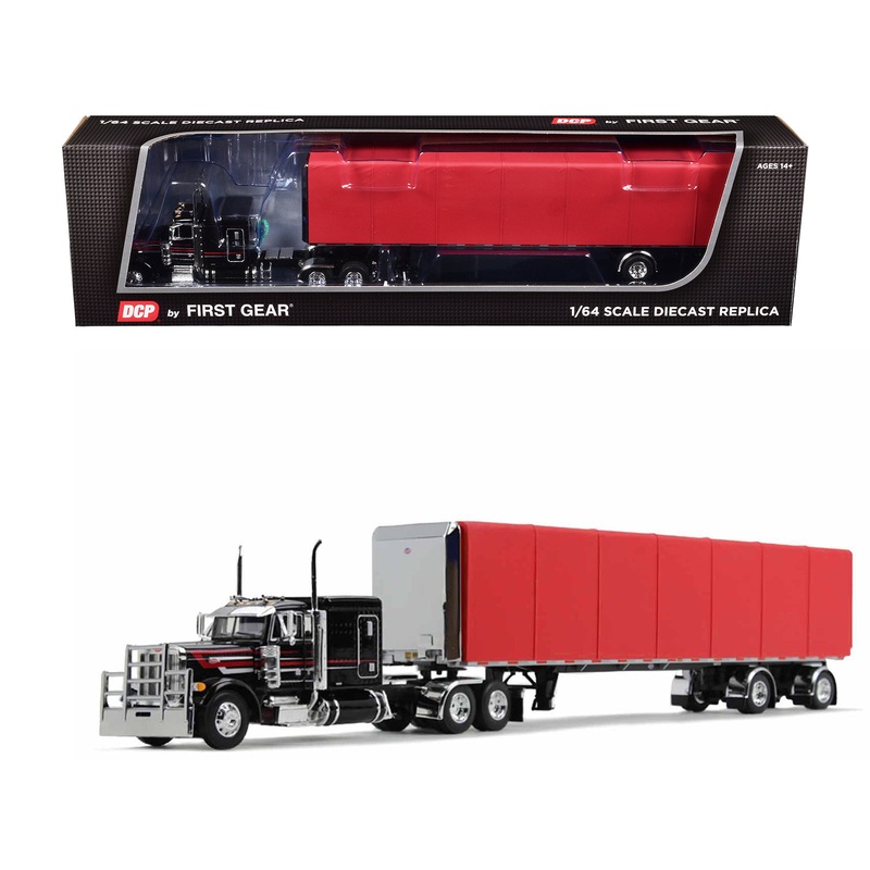 Peterbilt 379 with 63″ Flat Top Sleeper and 53′ Utility Roll Tarp Spread-Axle Trailer Black and Red 1/64 Diecast Model by DCP/First Gear60-1612