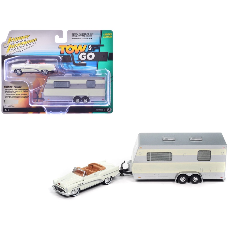 1953 Buick Super Cream with Travel Trailer Limited Edition “Tow & Go” Series 1/64 Diecast Model Car by Johnny Lightning
