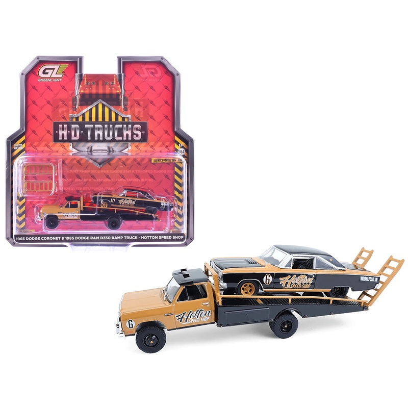 1985 Dodge Ram D350 Ramp Truck and 1965 Dodge Coronet “Hotton Speed Shop” Brown and Black “H.D. Trucks” Series 26 1/64 Diecast Model Cars by Greenlight