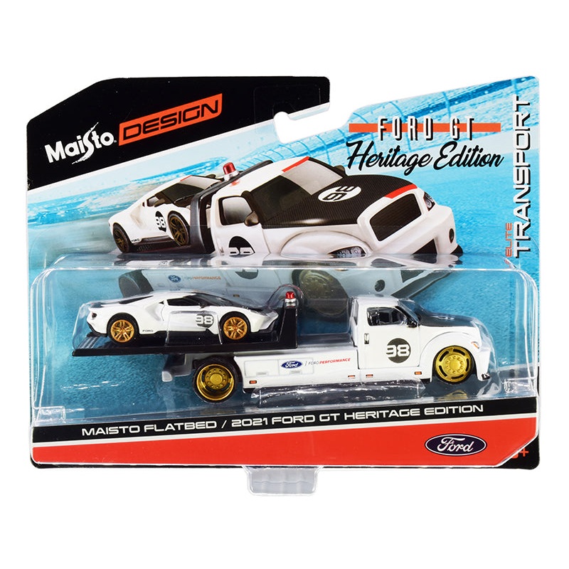 2021 Ford GT #98 Heritage Edition with Flatbed Truck White and Black “Elite Transport” Series 1/64 Diecast Model Cars by Maisto