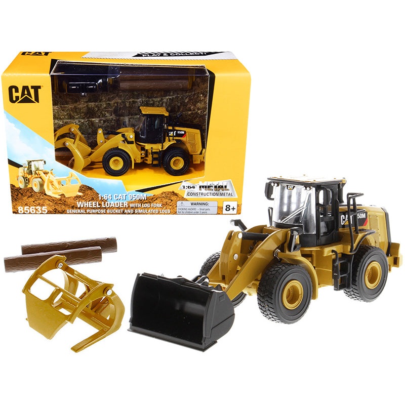 CAT Caterpillar 950M Wheel Loader with Bucket and Log Fork with Two Log Poles “Play & Collect!” 1/64 Diecast Model by Diecast Masters