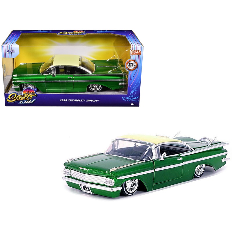 1959 Chevrolet Impala Lowrider Green Metallic with Cream Top and Wire Wheels “Street Low” Series 1/24 Diecast Model Car by Jada