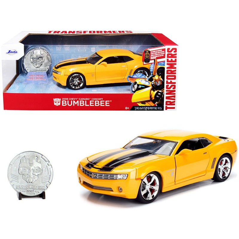 2006 Chevrolet Camaro Concept Yellow Bumblebee with Robot on Chassis and Collectible Metal Coin “Transformers” Movie 1/24 Diecast Model Car by Jada