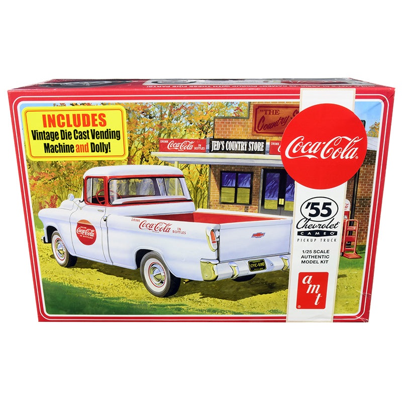 Skill 3 Model Kit 1955 Chevrolet Cameo Pickup Truck “Coca-Cola” with Vintage Vending Machine and Dolly 1/25 Scale Model by AMT