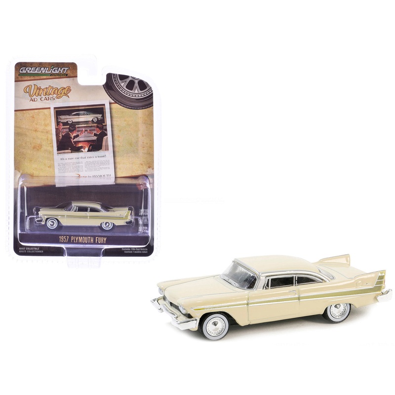 1957 Plymouth Fury Beige with Gold Metallic Stripes “Vintage Ad Cars” Series 10 1/64 Diecast Model Car by Greenlight