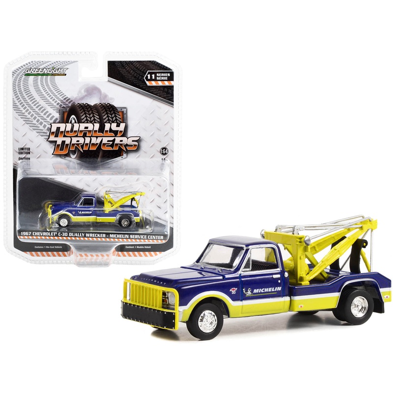 1967 Chevrolet C-30 Dually Wrecker Tow Truck “Michelin Service Center” Blue and Yellow “Dually Drivers” Series 11 1/64 Diecast Model Car by Greenlight