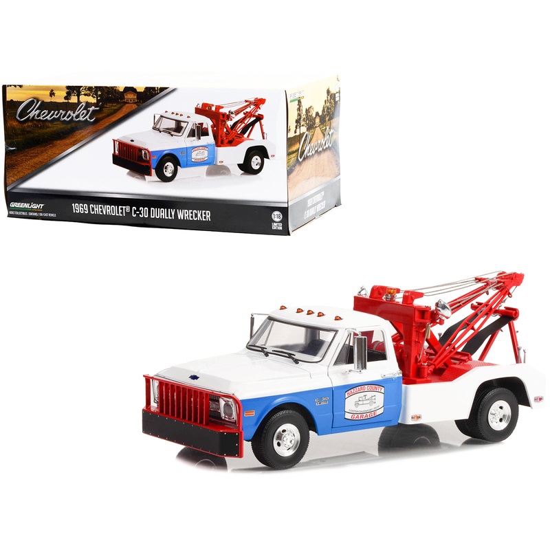1969 Chevrolet C-30 Dually Wrecker Tow Truck White and Blue “Hazzard County Garage” 1/18 Diecast Model Car by Greenlight