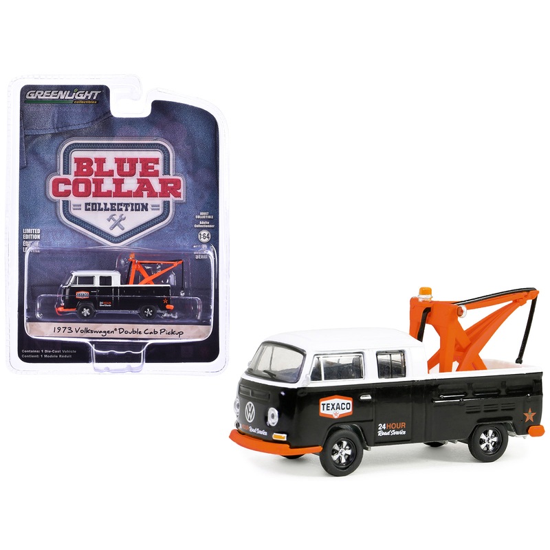 1973 Volkswagen Double Cab Tow Truck Black and White “Texaco 24 Hour Road Service” “Blue Collar Collection” Series 13 1/64 Diecast Model Car by Greenlight