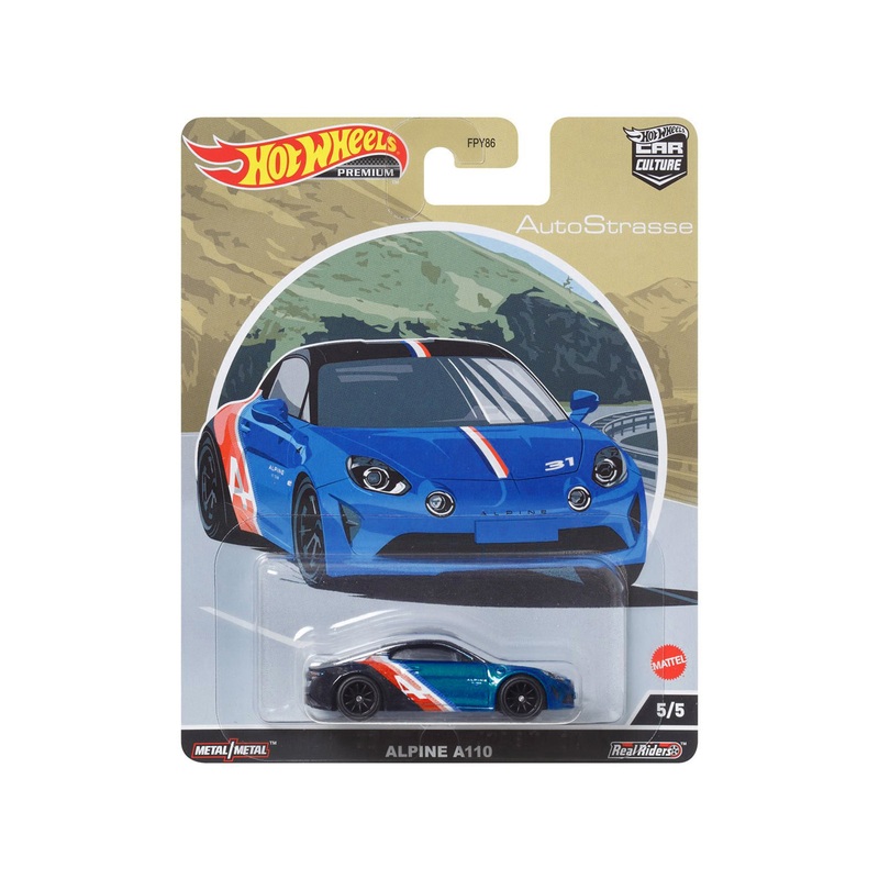 Alpine A110 Blue Metallic and Black with Graphics “Auto Strasse” Series Diecast Model Car by Hot Wheels