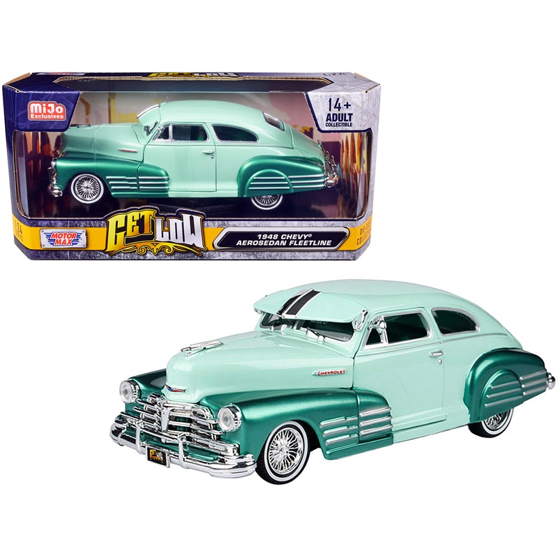 1948 Chevrolet Aerosedan Fleetside Lowrider Pastel Green and Green Metallic Two-Tone “Get Low” Series 1/24 Diecast Model Car by Motormax