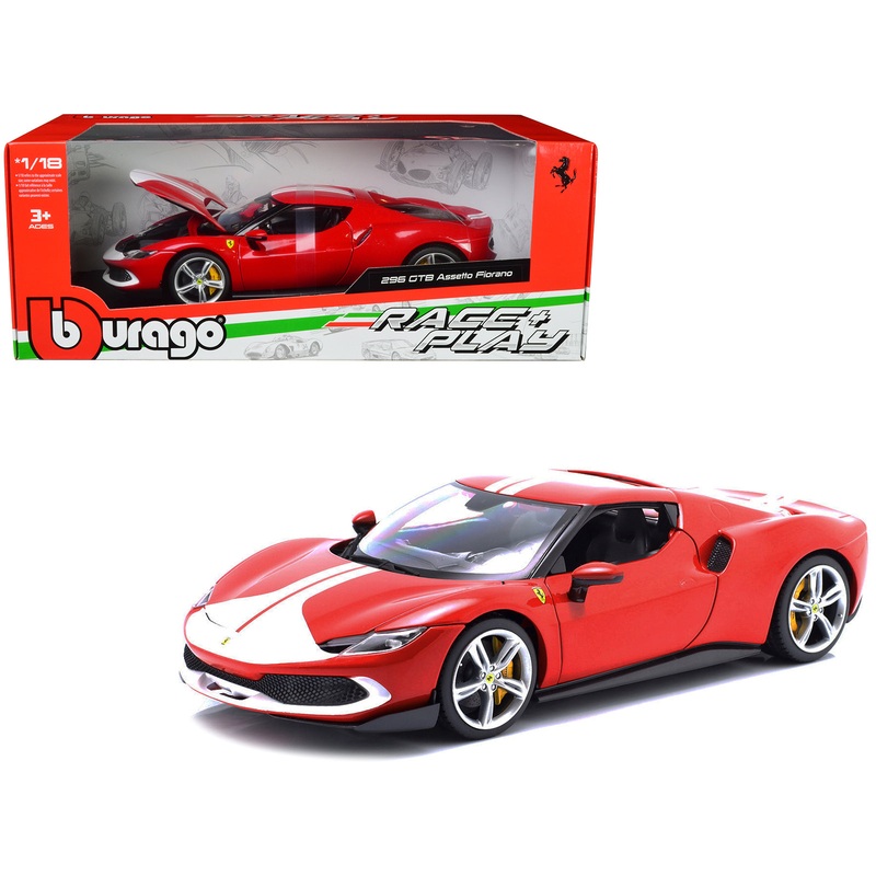 Ferrari 296 GTB Assetto Fiorano Red with White Stripes “Race + Play” Series 1/18 Diecast Model Car by Bburago
