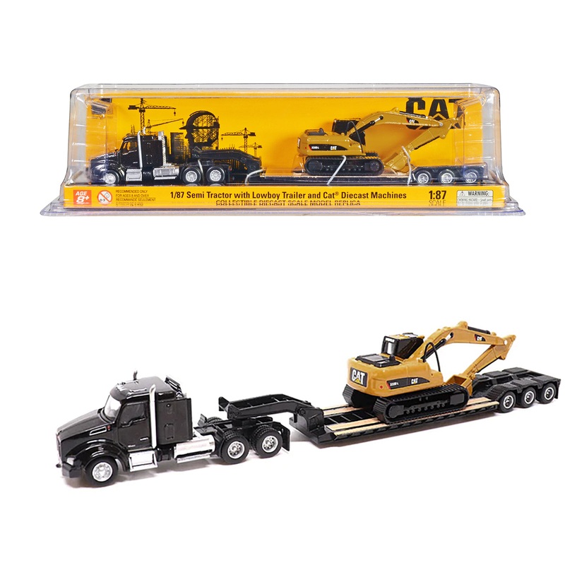 Kenworth T880 SBFS Sleeper Tandem Tractor Black with Lowboy Trailer and CAT 320D L Hydraulic Excavator Yellow 1/87 (HO) Diecast Model by Diecast Masters