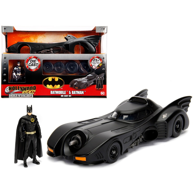 Model Kit Batmobile Matt Black with Batman Diecast Figurine “Batman” (1989) Movie “Build N’ Collect” 1/24 Diecast Model Car by Jada