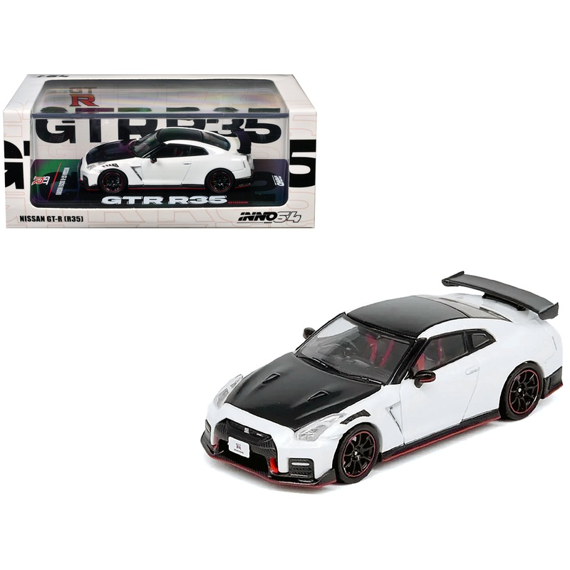Nissan GT-R (R35) Nismo RHD (Right Hand Drive) White with Carbon Hood and Top 1/64 Diecast Model Car by Inno Models