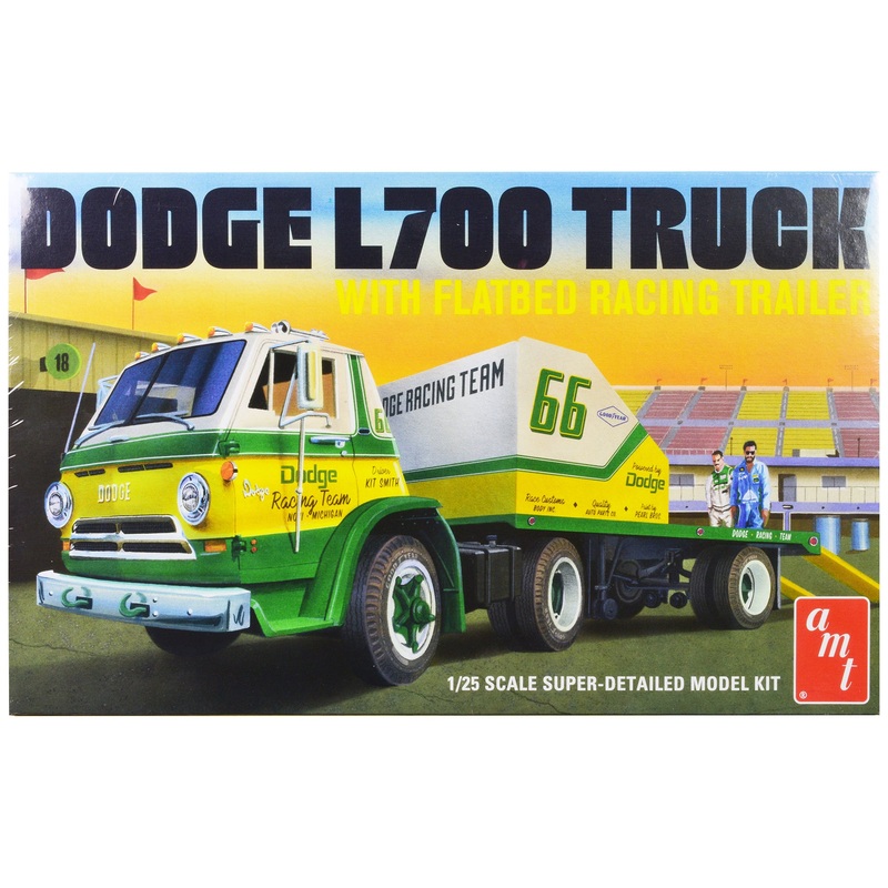 Skill 3 Model Kit 1966 Dodge L700 Truck with Flatbed Racing Trailer 1/25 Scale Model by AMT