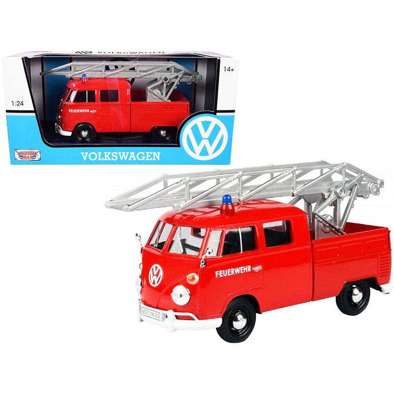 Volkswagen Type 2 (T1) Fire Truck with Aerial Ladder “Feuerwehr” Red 1/24 Diecast Model Car by Motormax