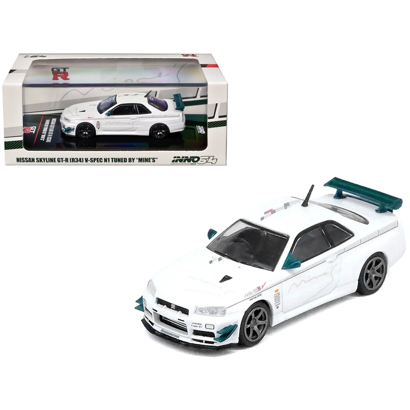 Nissan Skyline GT-R (R34) V-SPEC N1 RHD (Right Hand Drive) “Tuned by Mine’s” White 1/64 Diecast Model Car by Inno Models