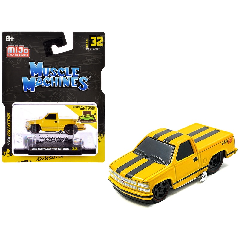 1993 Chevrolet 454 SS Pickup Truck Yellow with Black Stripes 1/64 Diecast Model Car by Muscle Machines