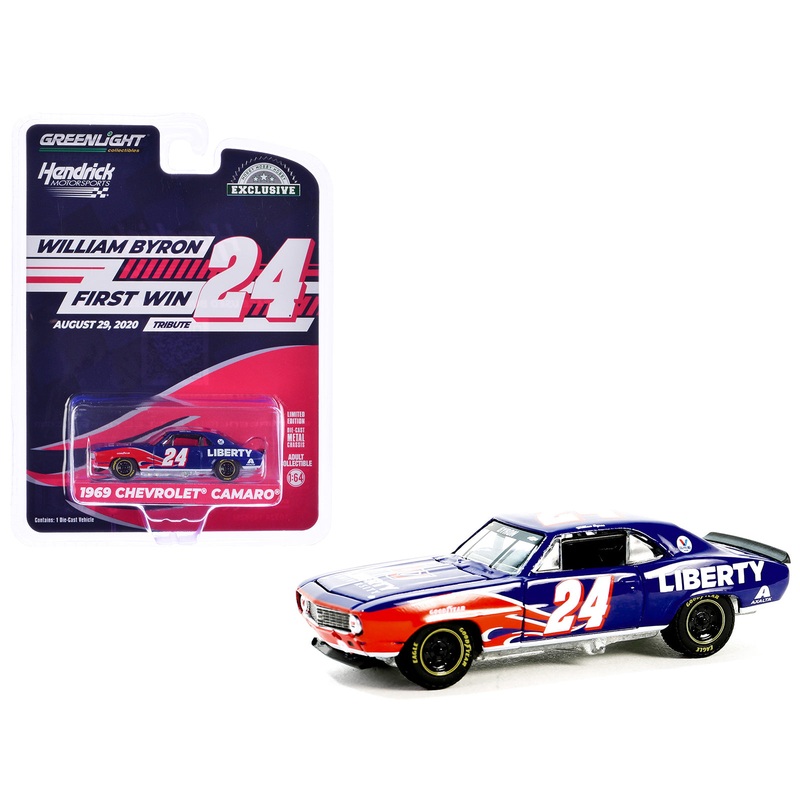 1969 Chevrolet Camaro #24 “William Byron – Hendrick Motorsports First Win Tribute” Blue with Flame Graphics “Hobby Exclusive” Series 1/64 Diecast Model Car by Greenlight