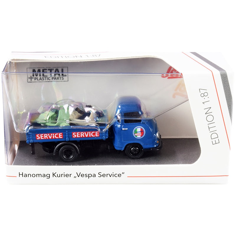 Hanomag Kurier Transporter “Vespa Service” Blue with 2 Vespas (Green and Cream) 1/87 (HO) Diecast Models by Schuco