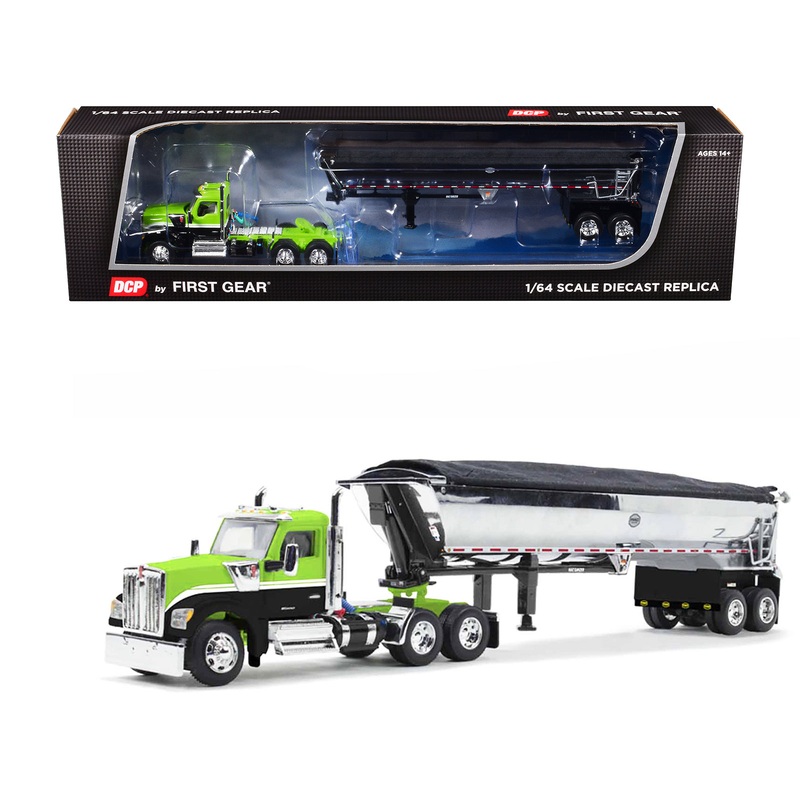 Kenworth W990 Day Cab and MAC Half-Round Tandem-Axle Dump Trailer Lime Green and Black 1/64 Diecast Model by DCP/First Gear