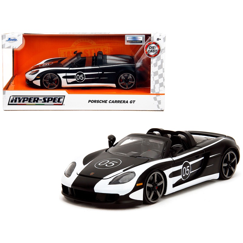 Porsche Carrera GT Convertible #05 Black with White Graphics “Hyper-Spec” Series 1/24 Diecast Model Car by Jada
