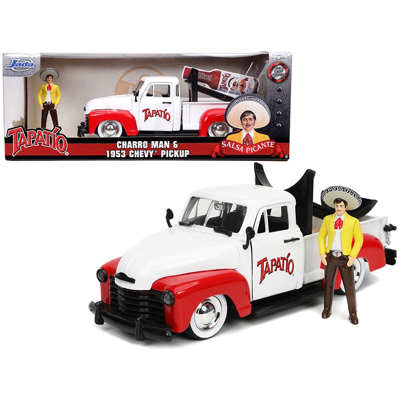 1953 Chevrolet Pickup Truck White and Red with Charro Man Diecast Figurine “Tapatio” 1/24 Diecast Model Car by Jada
