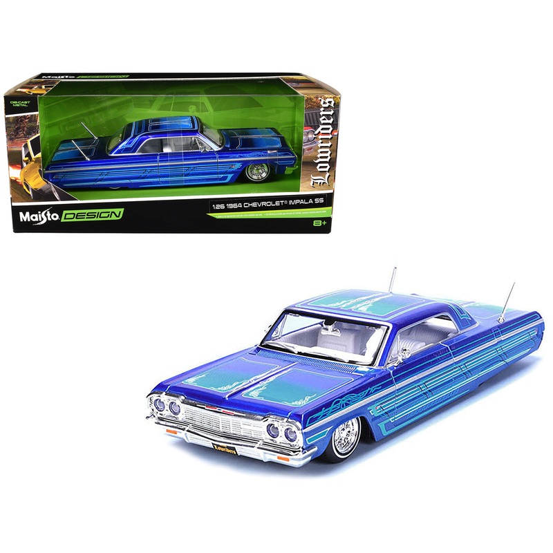 1964 Chevrolet Impala SS Lowrider Candy Blue with Graphics and White Interior “Lowriders” “Maisto Design” Series 1/26 Diecast Model Car by Maisto
