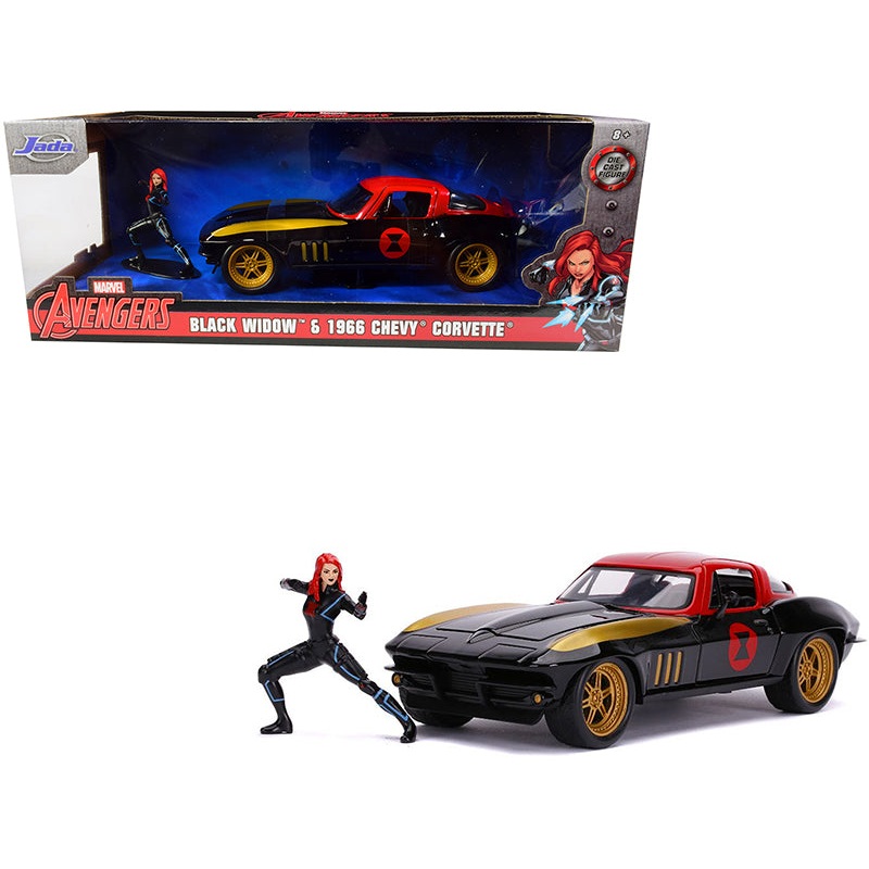 1966 Chevrolet Corvette with Black Widow Diecast Figurine “Avengers” “Marvel” Series 1/24 Diecast Model Car by Jada