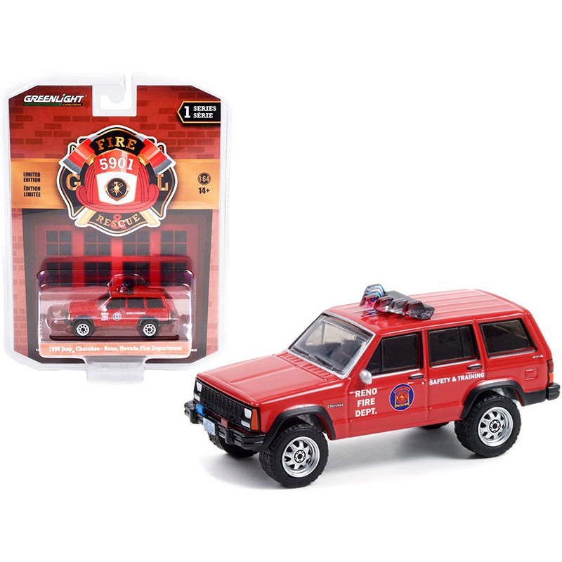 1990 Jeep Cherokee Red “Reno Fire Department” (Nevada) “Fire & Rescue” Series 1 1/64 Diecast Model Car by Greenlight