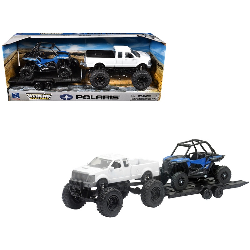 Lifted Pickup Truck White and Polaris RZR XP Turbo Blue with Flatbed Trailer “Xtreme Off-Road” Series Diecast Model by New Ray