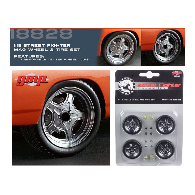 Street Fighter Mag Wheel and Tire Set of 4 pieces from “1970 Plymouth RoadRunner “The Hammer” “Fast & Furious” Movie 1/18 by GMP