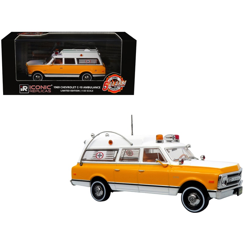 1969 Chevrolet C-10 Ambulance “Rampart General Hospital” White and Yellow “5 Alarm” Series Limited Edition 1/50 Diecast Model by Iconic Replicas