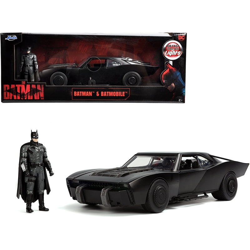 Batmobile Matt Black with Lights with Batman Diecast Figurine “The Batman” (2022) Movie “DC Comics” 1/18 Diecast Model Car by Jada