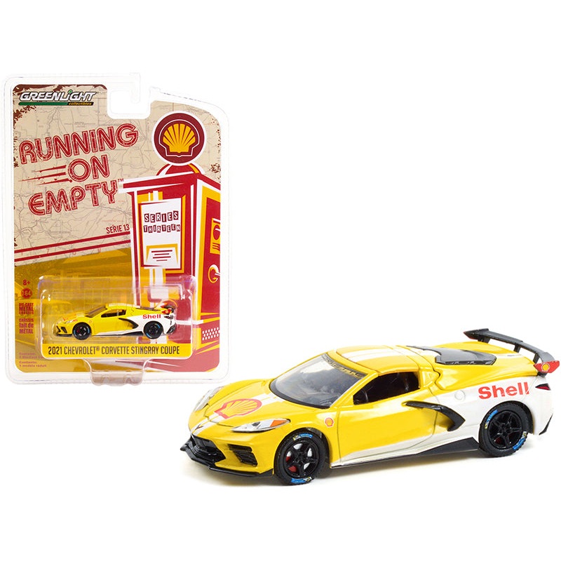 2021 Chevrolet Corvette C8 Stingray Coupe “Shell Oil” Yellow and White “Running on Empty” Series 13 1/64 Diecast Model Car by Greenlight