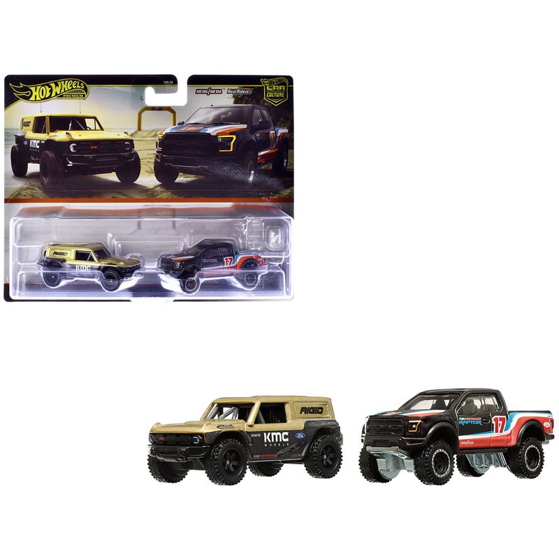 Ford Bronco R Gold Metallic and Black and 2017 Ford F-150 Raptor Pickup Truck #17 Black with Stripes “Car Culture” Set of 2 Cars Diecast Model Cars by Hot Wheels