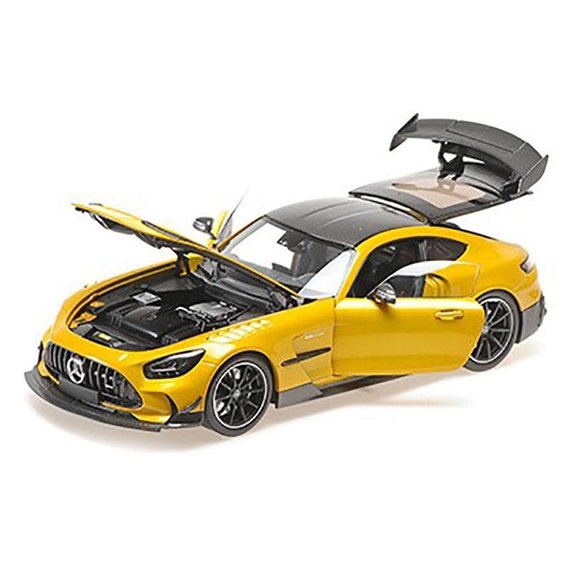 2021 Mercedes-Benz AMG GT Black Series Solarbeam Yellow Metallic with Black Top and Hood Stripes 1/18 Diecast Model Car by Minichamps