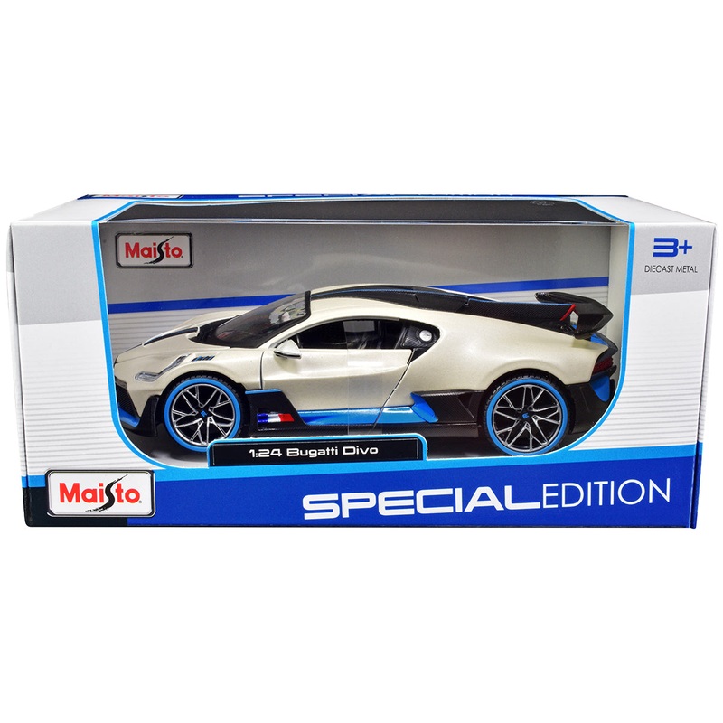Bugatti Divo Satin White Metallic with Carbon and Blue Accents “Special Edition” 1/24 Diecast Model Car by Maisto