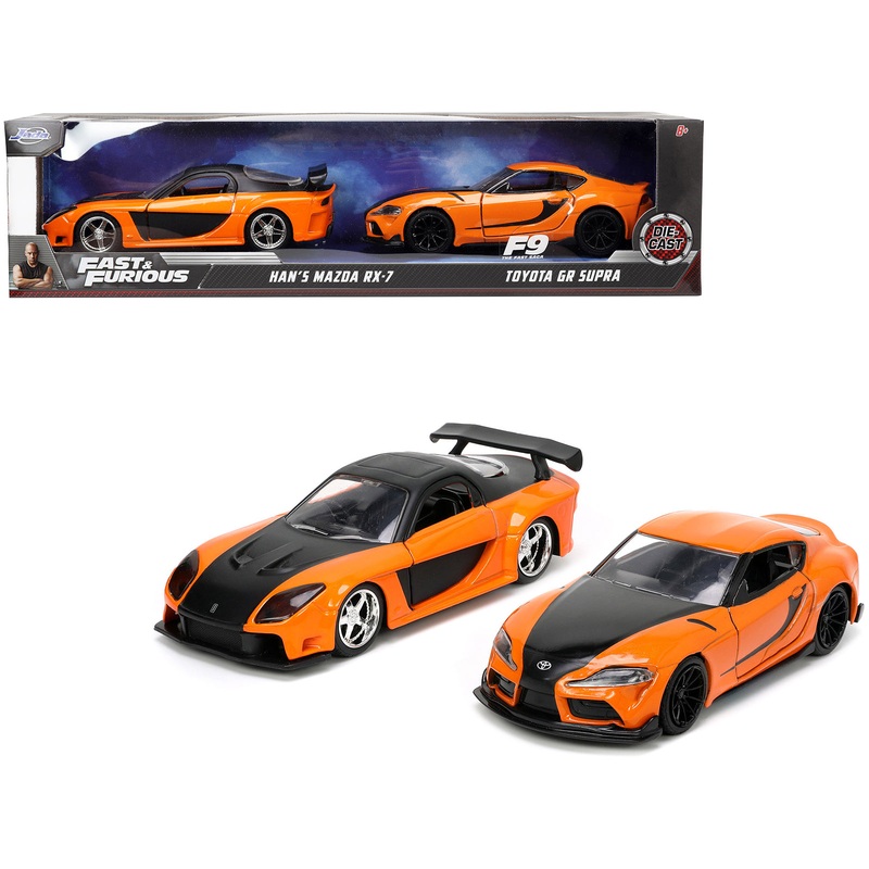 Han’s Mazda RX-7 Orange Metallic and Matt Black and Toyota GR Supra Orange Metallic with Black Hood Set of 2 pieces “Fast & Furious” Series 1/32 Diecast Model Cars by Jada