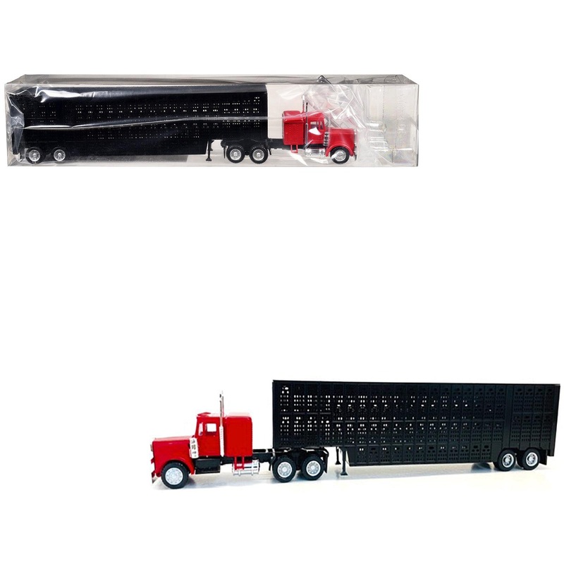 Peterbilt with Sleeper Cab Red with Black Livestock Trailer 1/87 (HO) Plastic Model Car by Promotex