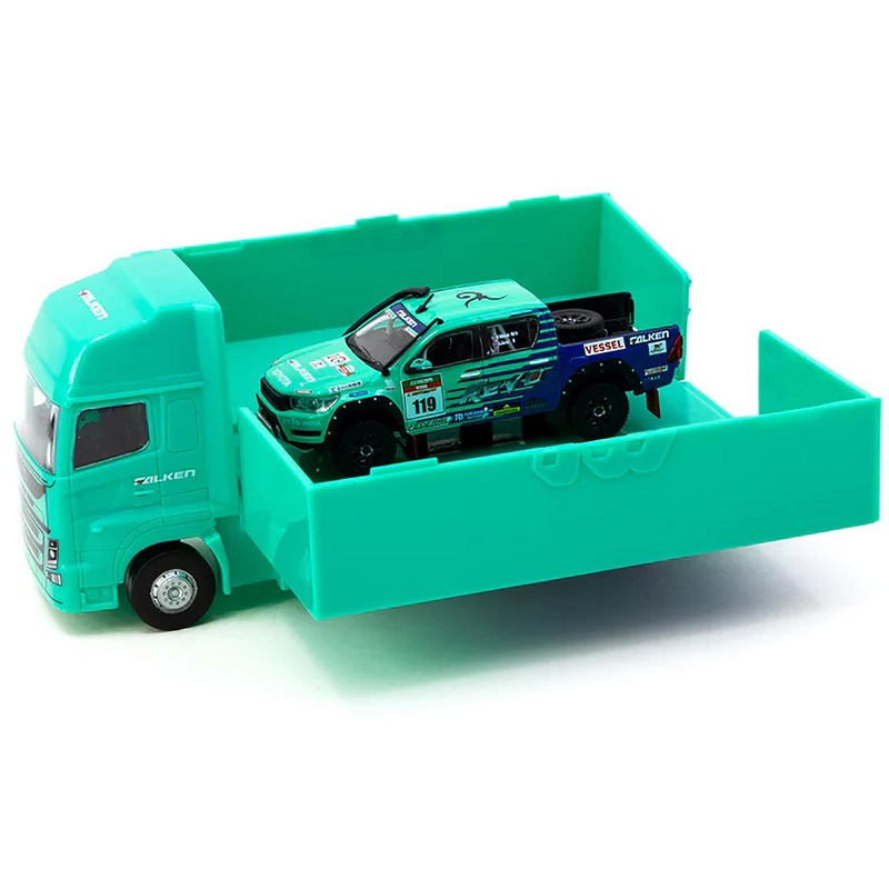 2017 Toyota Hilux AXCR Pickup Truck RHD (Right Hand Drive) #119 Green and Blue “Falken” Livery with Plastic Transporter Packaging “Falken Tires” 1/64 Diecast Model Car by Tarmac Works