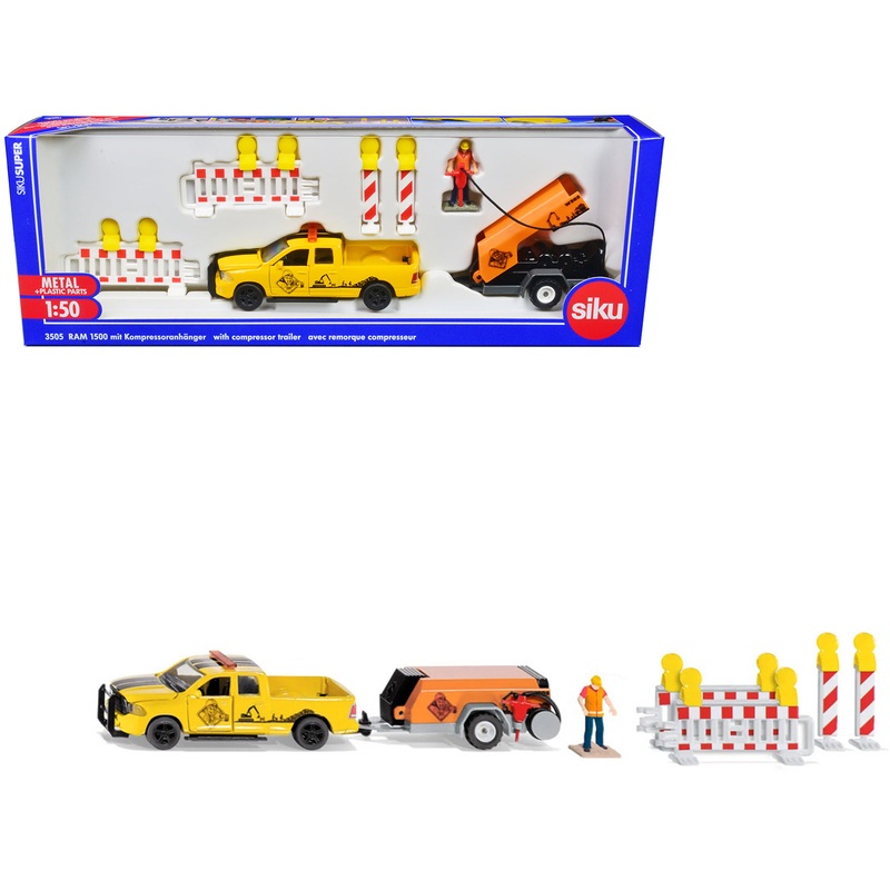 Ram 1500 Pickup Truck Yellow with Compressor Trailer and Worker Figure with Accessories Set 1/50 Diecast Models by Siku
