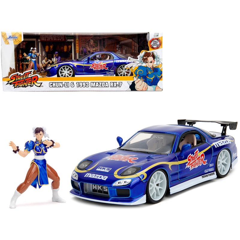 1993 Mazda RX-7 Candy Blue Metallic with Graphics and Chun-Li Diecast Figure “Street Fighter” Video Game “Anime Hollywood Rides” Series 1/24 Diecast Model Car by Jada