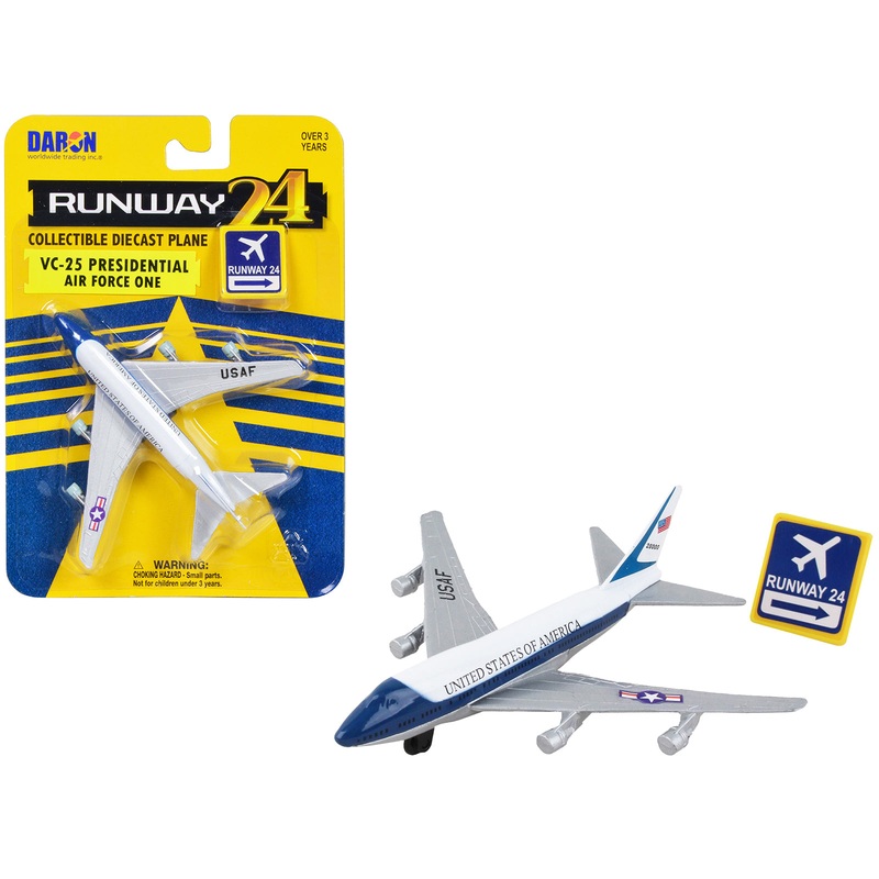 Boeing VC-25 Aircraft White and Blue “United States of America – Air Force One” with Runway 24 Sign Diecast Model Airplane by Runway24